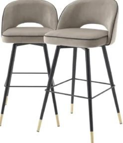 Casa Padrino Luxus Barstuhl Set Greige / Schwarz / Messingfarben 51 x 52 x H. 103 cm - Barstühle mit drehbarer Sitzfläche und edlem Samtsoff - Luxus Bar Möbel