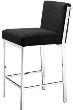 Casa Padrino Luxus Barstuhl Schwarz / Silber 43 x 54 x H. 91 cm - Designer Edelstahl Barhocker mit Samtstoff - Barmöbel