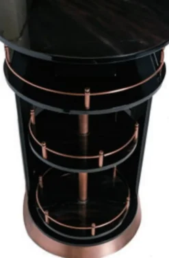 Casa Padrino Luxus Bar Theke Hochglanz Schwarz / Kupfer 135 x 65 x H. 106 cm - Ovaler Massivholz Thekentisch - Massivholz Barmöbel - Luxus Barmöbel - Luxus Möbel