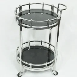 Casa Padrino Luxus Bar Trolley Servierwagen rund Edelstahl vernickelt und schwarzes Glas, 58 x 50 x 78 cm