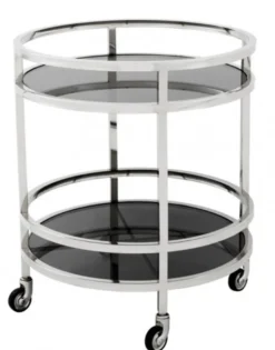 Casa Padrino Luxus Bar Trolley Servierwagen Rund Edelstahl vernickelt / schwarzes Glas - 60 x 69 cm