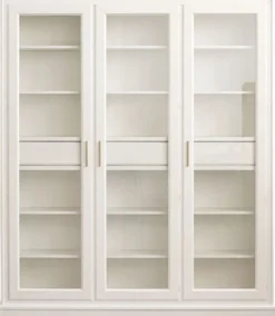Casa Padrino Luxus Bücherschrank mit 3 Türen und LED Beleuchtung Weiß 200 x 45 x H. 230 cm - Massivholz Schrank - Wohnzimmerschrank - Regalschrank - Büroschrank - Luxus Möbel - Luxus Einrichtung
