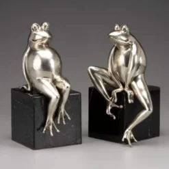 Casa Padrino Luxus Bücherstützen Frösche aus Bronze auf Marmorsockel - Bronze - 32 x 26 x 20 cm