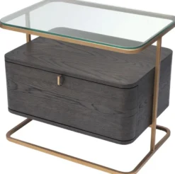 Casa Padrino Luxus Beistelltisch Mokka / Messing 65 x 46 x H. 57 cm - Edler Nachttisch mit Glasplatte und Schublade - Luxus Möbel
