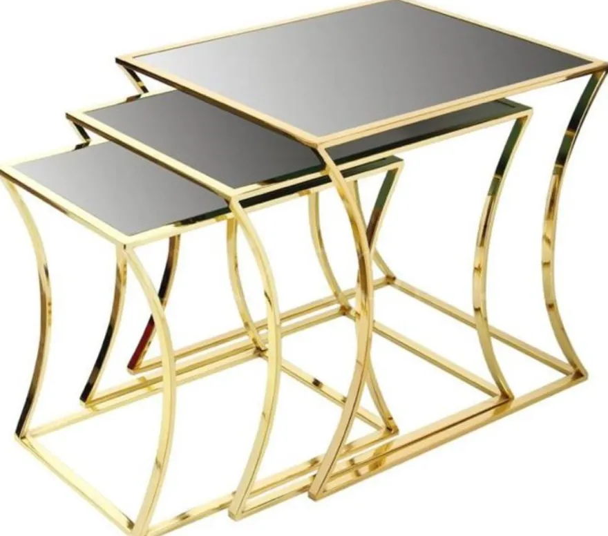 Casa Padrino Luxus Beistelltisch Set Gold / Schwarz - 3 Metall Tische mit Glasplatte - Luxus Möbel