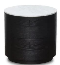Casa Padrino Luxus Beistelltisch Schwarz / Weiß Ø 48 x H. 46 cm - Runder Holz Tisch mit Marmorplatte und 2 Schubladen