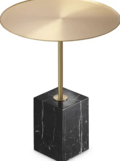 Casa Padrino Luxus Beistelltisch Messingfarben / Schwarz-Weiß Ø 45 x H. 62 cm - Runder Edelstahl Tisch mit Marmorsockel - Wohnzimmer Möbel - Hotel Möbel - Luxus Möbel