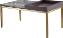 Casa Padrino Luxus Beistelltisch Messing / Braun / Grau 70 x 40 x H. 35 cm - Rechteckiger Messing Tisch mit Walnuss Furnier und Marmorplatte - Wohnzimmer Möbel - Luxus Möbel - Luxus Einrichtung
