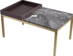 Casa Padrino Luxus Beistelltisch Messing / Braun / Grau 70 x 40 x H. 35 cm - Rechteckiger Messing Tisch mit Walnuss Furnier und Marmorplatte - Wohnzimmer Möbel - Luxus Möbel - Luxus Einrichtung