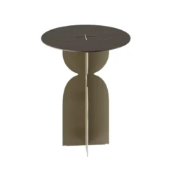 Casa Padrino Luxus Beistelltisch Braun / Bronzefarben Ø 50 x H. 60 cm - Runder Beistelltisch mit Platte in dunkelbraunem Eichenfurnier und gebürstetem Edelstahl Fuß - Luxus Möbel