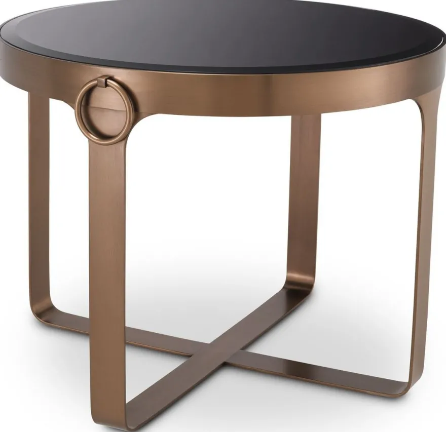 Casa Padrino Luxus Beistelltisch Kupferfarben / Schwarz Ø 60 x H. 47 cm - Runder Edelstahl Tisch mit Glasplatte - Wohnzimmer Möbel - Luxus Möbel
