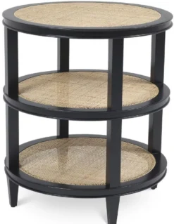Casa Padrino Luxus Beistelltisch Schwarz / Naturfarben Ø 55 x H. 64 cm - Runder Massivholz Tisch mit Rattangeflecht - Wohnzimmer Möbel - Luxus Kollektion
