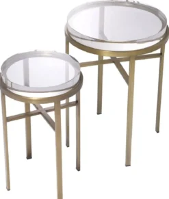 Casa Padrino Luxus Beistelltisch Set Messingfarben - 2 Runde Edelstahl Tische mit Glasplatte - Luxus Wohnzimmer Möbel