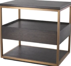 Casa Padrino Luxus Beistelltisch mit Schublade Mokka / Kupfer 65 x 46 x H. 61 cm - Eichenfurnier Nachttisch mit Edelstahl Gestell - Luxus Möbel