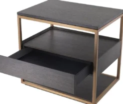Casa Padrino Luxus Beistelltisch mit Schublade Mokka / Kupfer 65 x 46 x H. 61 cm - Eichenfurnier Nachttisch mit Edelstahl Gestell - Luxus Möbel