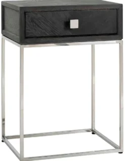 Casa Padrino Luxus Beistelltisch Schwarz / Silber 50 x 40 x H. 71 cm - Massivholz Nachttisch mit Schublade und Edelstahl Gestell - Luxus Schlafzimmer Möbel