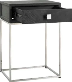 Casa Padrino Luxus Beistelltisch Schwarz / Silber 50 x 40 x H. 71 cm - Massivholz Nachttisch mit Schublade und Edelstahl Gestell - Luxus Schlafzimmer Möbel