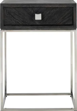 Casa Padrino Luxus Beistelltisch Schwarz / Silber 50 x 40 x H. 71 cm - Massivholz Nachttisch mit Schublade und Edelstahl Gestell - Luxus Schlafzimmer Möbel