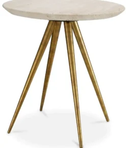 Casa Padrino Luxus Beistelltisch mit Travertin Tischplatte Beige / Vintage Messing Ø 45,5 x H. 47,5 cm