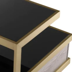 Casa Padrino Luxus Beistelltisch Messing / Grau / Schwarz 70 x 75 x H. 58 cm - Wohnzimmer Beistelltisch mit 2 Schubladen und 2 Glasplatten - Wohnzimmer Möbel - Luxus Möbel - Luxus Einrichtung