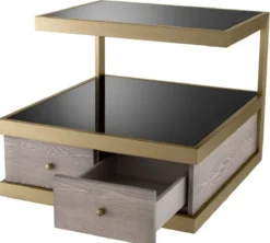 Casa Padrino Luxus Beistelltisch Messing / Grau / Schwarz 70 x 75 x H. 58 cm - Wohnzimmer Beistelltisch mit 2 Schubladen und 2 Glasplatten - Wohnzimmer Möbel - Luxus Möbel - Luxus Einrichtung