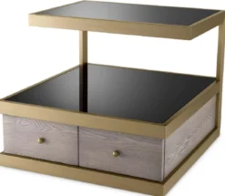 Casa Padrino Luxus Beistelltisch Messing / Grau / Schwarz 70 x 75 x H. 58 cm - Wohnzimmer Beistelltisch mit 2 Schubladen und 2 Glasplatten - Wohnzimmer Möbel - Luxus Möbel - Luxus Einrichtung