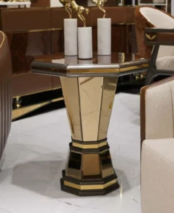Casa Padrino Luxus Beistelltisch Braun / Grau / Gold - Verspiegelter 8 eckiger Massivholz Tisch - Wohnzimmer Möbel - Wohnzimmer Einrichtung - Luxus Möbel - Luxus Einrichtung - Luxus Qualität