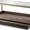 Casa Padrino Luxus Beistelltisch Messing / Grau / Schwarz 90 x 42 x H. 44 cm - Rechteckiger Wohnzimmer Tisch mit Glasplatte - Hotel Tisch - Wohnzimmer Möbel - Hotel Möbel - Luxus Möbel