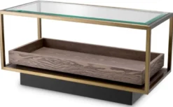 Casa Padrino Luxus Beistelltisch Messing / Grau / Schwarz 90 x 42 x H. 44 cm - Rechteckiger Wohnzimmer Tisch mit Glasplatte - Hotel Tisch - Wohnzimmer Möbel - Hotel Möbel - Luxus Möbel