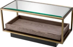 Casa Padrino Luxus Beistelltisch Messing / Grau / Schwarz 90 x 42 x H. 44 cm - Rechteckiger Wohnzimmer Tisch mit Glasplatte - Hotel Tisch - Wohnzimmer Möbel - Hotel Möbel - Luxus Möbel