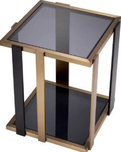 Casa Padrino Luxus Beistelltisch Messing / Schwarz / Grau 47,5 x 47,5 x H. 55,5 cm - Quadratischer Tisch mit Glasplatten - Wohnzimmer Möbel - Luxus Möbel - Luxus Qualität