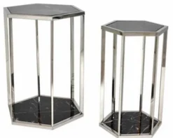 Casa Padrino Luxus Beistelltisch Set Silber / Schwarz - Edelstahl Tische mit Marmorplatten - Luxus Kollektion