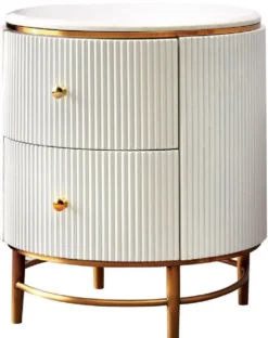 Casa Padrino Luxus Beistelltisch Weiß / Messingfarben / Gold Ø 50 x H. 58 cm - Runder Nachttisch mit 2 Schubladen - Moderne Möbel