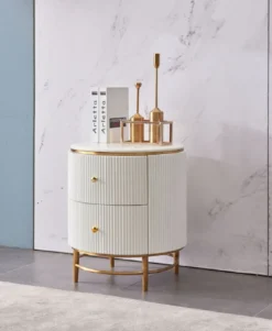Casa Padrino Luxus Beistelltisch Weiß / Messingfarben / Gold Ø 50 x H. 58 cm - Runder Nachttisch mit 2 Schubladen - Moderne Möbel