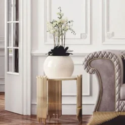 Casa Padrino Luxus Beistelltisch mit Kunstmarmor Tischplatte Weiß / Gold Ø 59 cm