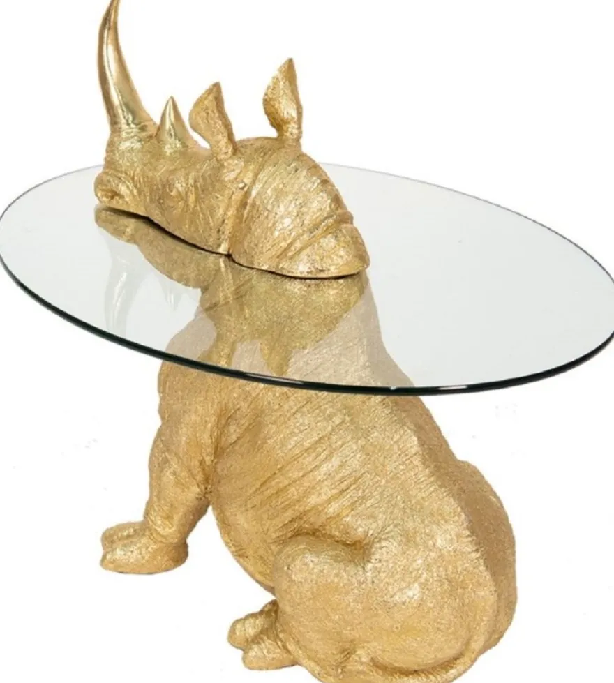 Casa Padrino Luxus Beistelltisch Nashorn Gold Ø 65 x H. 55 cm - Runder Kunstharz Tisch mit Glasplatte - Wohnzimmer Möbel - Luxus Möbel - Luxus Einrichtung - Wohnzimmer Einrichtung