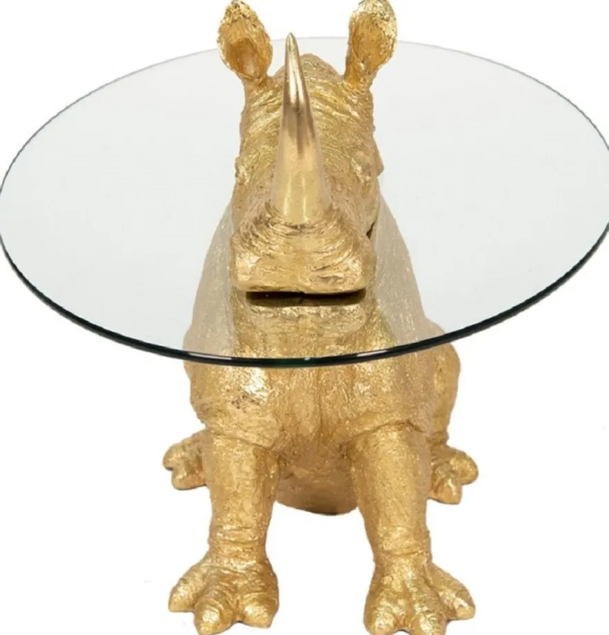 Casa Padrino Luxus Beistelltisch Nashorn Gold Ø 65 x H. 55 cm - Runder Kunstharz Tisch mit Glasplatte - Wohnzimmer Möbel - Luxus Möbel - Luxus Einrichtung - Wohnzimmer Einrichtung