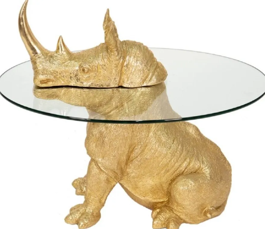 Casa Padrino Luxus Beistelltisch Nashorn Gold Ø 65 x H. 55 cm - Runder Kunstharz Tisch mit Glasplatte - Wohnzimmer Möbel - Luxus Möbel - Luxus Einrichtung - Wohnzimmer Einrichtung