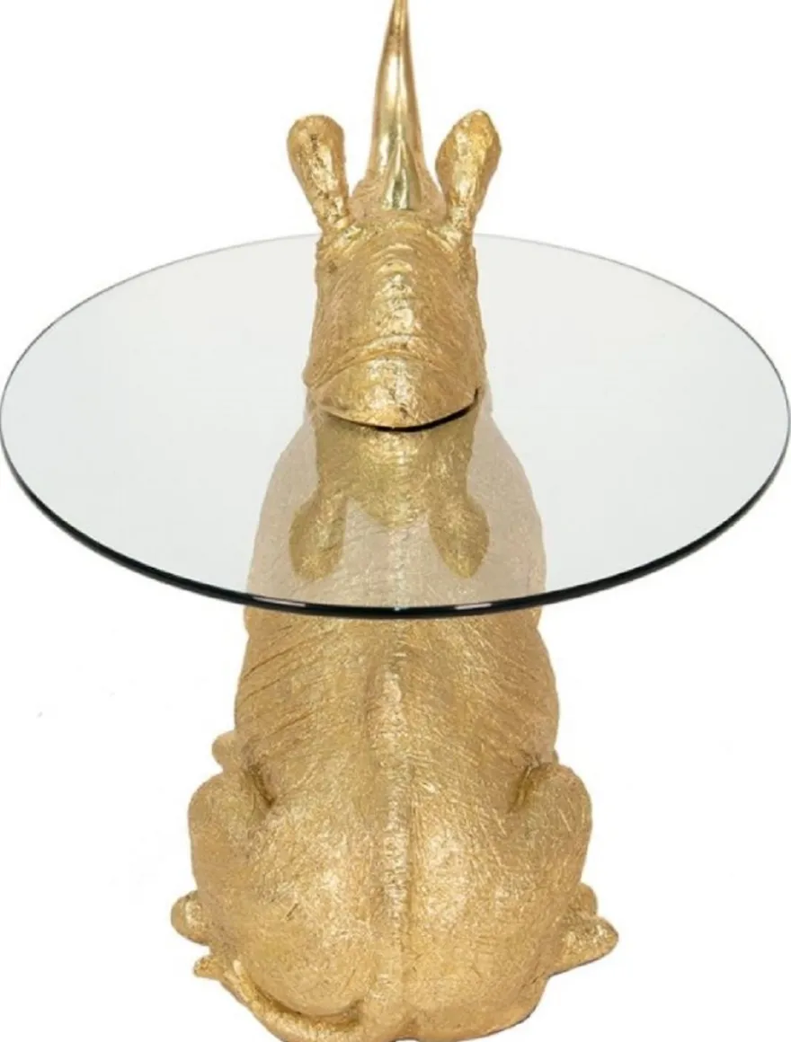 Casa Padrino Luxus Beistelltisch Nashorn Gold Ø 65 x H. 55 cm - Runder Kunstharz Tisch mit Glasplatte - Wohnzimmer Möbel - Luxus Möbel - Luxus Einrichtung - Wohnzimmer Einrichtung
