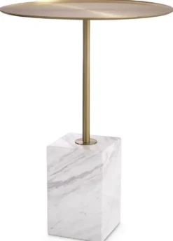 Casa Padrino Luxus Beistelltisch Messingfarben / Weiß-Grau Ø 45 x H. 62 cm - Runder Edelstahl Tisch mit Marmorsockel - Wohnzimmer Möbel - Hotel Möbel - Luxus Möbel