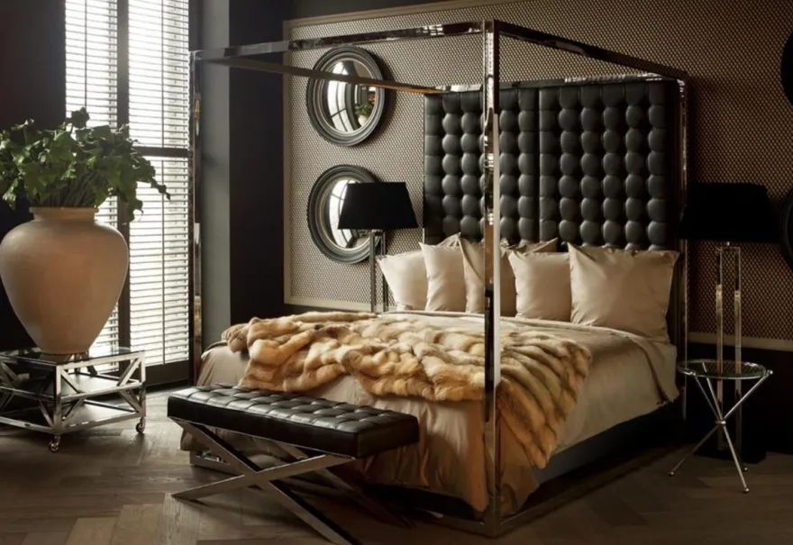 Casa Padrino Luxus Bettgestell mit Kopfteil in schwarzer Leder-Optik 190 x 220 x H. 220 cm - Designermöbel