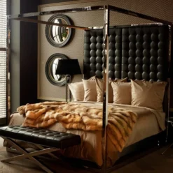 Casa Padrino Luxus Bettgestell mit Kopfteil in schwarzer Leder-Optik 190 x 220 x H. 220 cm - Designermöbel