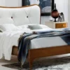 Casa Padrino Luxus Biedermeier Doppelbett Braun / Weiß 182 x 214 x H. 120 cm - Massivholz Bett mit Echtleder Kopfteil - Schlafzimmer Möbel - Luxus Qualität