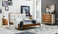 Casa Padrino Luxus Biedermeier Doppelbett Braun / Weiß 182 x 214 x H. 120 cm - Massivholz Bett mit Echtleder Kopfteil - Schlafzimmer Möbel - Luxus Qualität