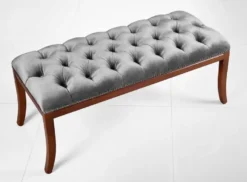 Casa Padrino Luxus Biedermeier Sitzbank Grau / Braun 89 x 38 x H. 36 cm - Gepolsterte Wohnzimmer Bank - Schlafzimmer Bank - Wohnzimmer Möbel - Schlafzimmer Möbel - Biedermeier Möbel