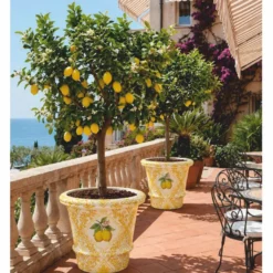 Casa Padrino Luxus Blumentopf Gelb / Weiß / Bunt Ø 80 x H. 63 cm - Runder Keramik Pflanzentopf - Hotel & Garten Deko