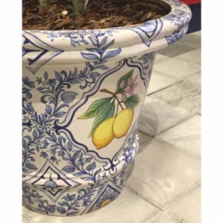 Casa Padrino Luxus Blumentopf Blau / Weiß / Bunt Ø 80 x H. 63 cm - Garten Deko
