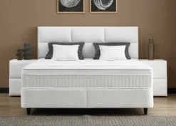 Casa Padrino Luxus Boxspringbett mit Kopfteil in Feldoptik Weiß 160 x 200 cm - Luxus Schlafzimmer Möbel