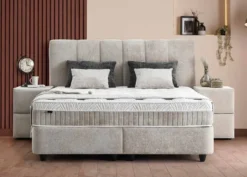 Casa Padrino Luxus Boxspringbett mit Kopfteil in Paneeloptik Beige 180 x 200 cm - Luxus Schlafzimmer Möbel