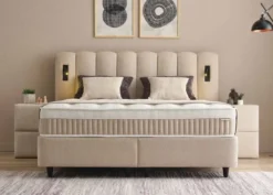 Casa Padrino Luxus Boxspringbett mit gewelltem Kopfteil und Leseleuchten Beige 140 x 200 cm - Luxus Schlafzimmer Möbel